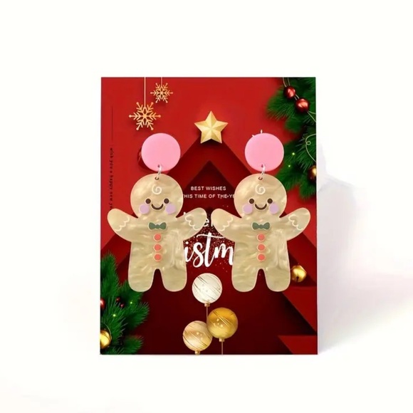 NEW Gingerbread Stud Dangle Earrings with Pink Bow - Picture 8 of 8